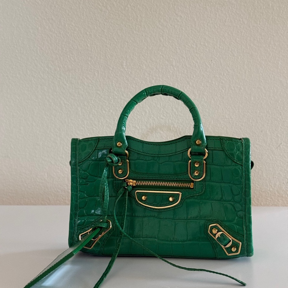 Balenciaga Mini City Green Crocodile-Embossed Handbag